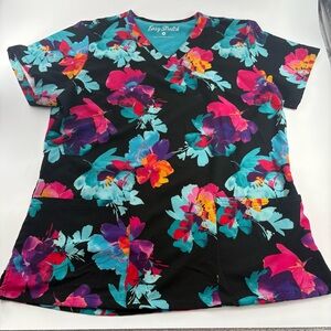 Easy Stretch Women’s Black Floral Scrub Top Medium